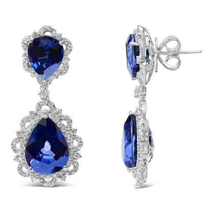 18k White Gold Blue Sapphire and Diamond 2.00 Cttw Halo Drop Dangle Earring (g-h Color Si1-si2 Clarity) - Fine Jewelry