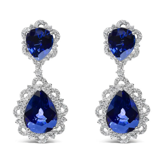 18k White Gold Blue Sapphire and Diamond 2.00 Cttw Halo Drop Dangle Earring (g-h Color Si1-si2 Clarity) - Fine Jewelry