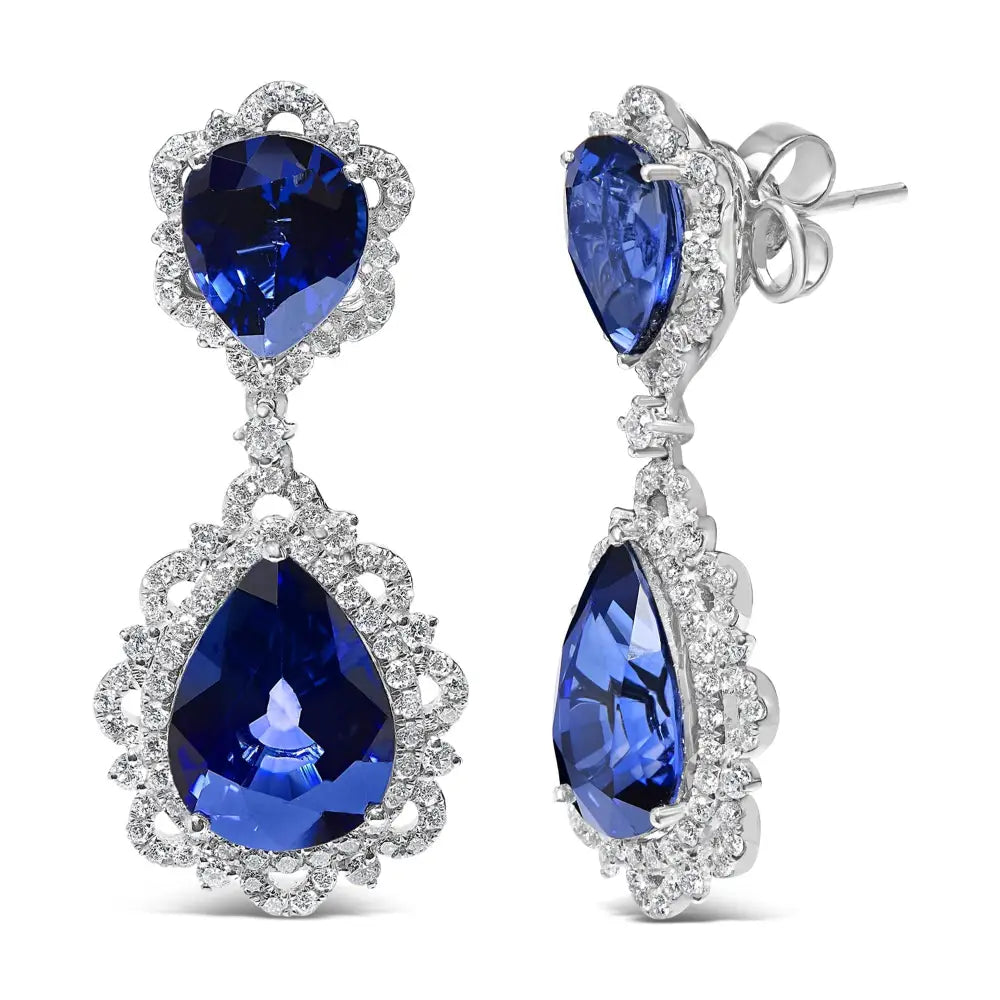 18k White Gold Blue Sapphire and Diamond 2.00 Cttw Halo Drop Dangle Earring (g-h Color Si1-si2 Clarity) - Fine Jewelry