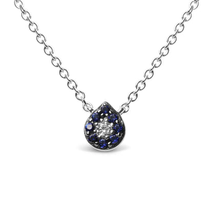 18k White Gold Diamond Accent and 1mm Round Blue Sapphire Gemstone Halo Teardrop Pendant Necklace (g-h Color Si1-si2