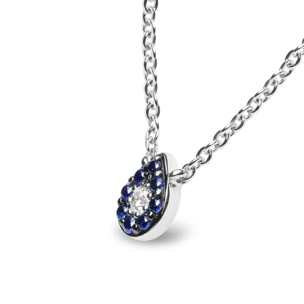 18k White Gold Diamond Accent and 1mm Round Blue Sapphire Gemstone Halo Teardrop Pendant Necklace (g-h Color Si1-si2