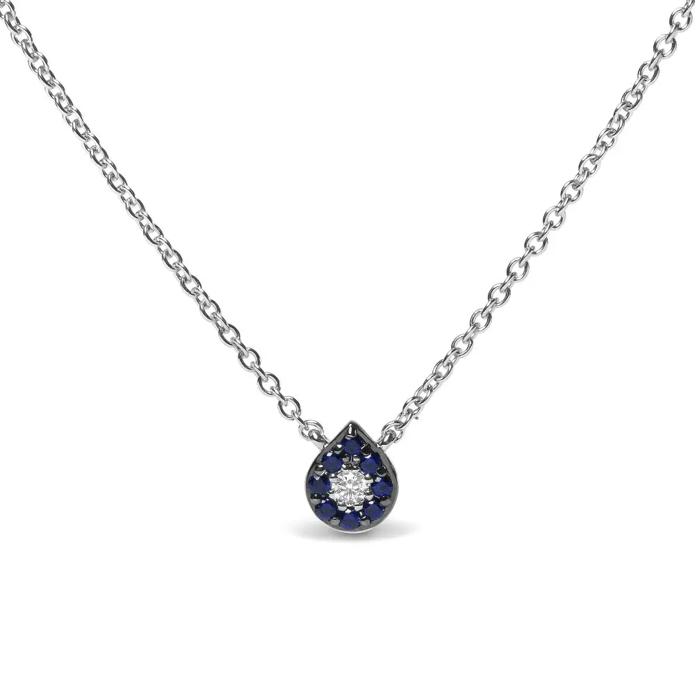 18k White Gold Diamond Accent and 1mm Round Blue Sapphire Gemstone Halo Teardrop Pendant Necklace (g-h Color Si1-si2