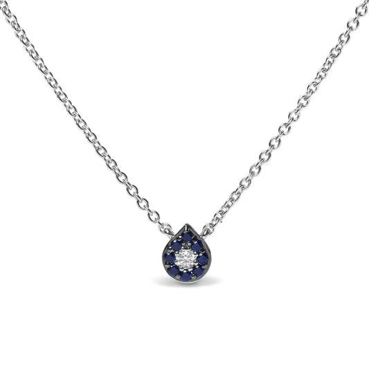 18k White Gold Diamond Accent and 1mm Round Blue Sapphire Gemstone Halo Teardrop Pendant Necklace (g-h Color Si1-si2