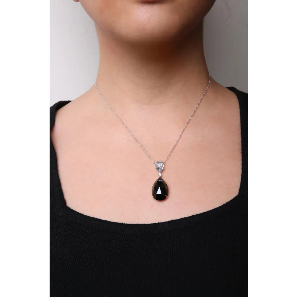 18k White Gold Diamond Accent and Pear Cut Sky Blue Topaz Black Onyx Dangle Drop 18’’ Pendant Necklace (g-h Color