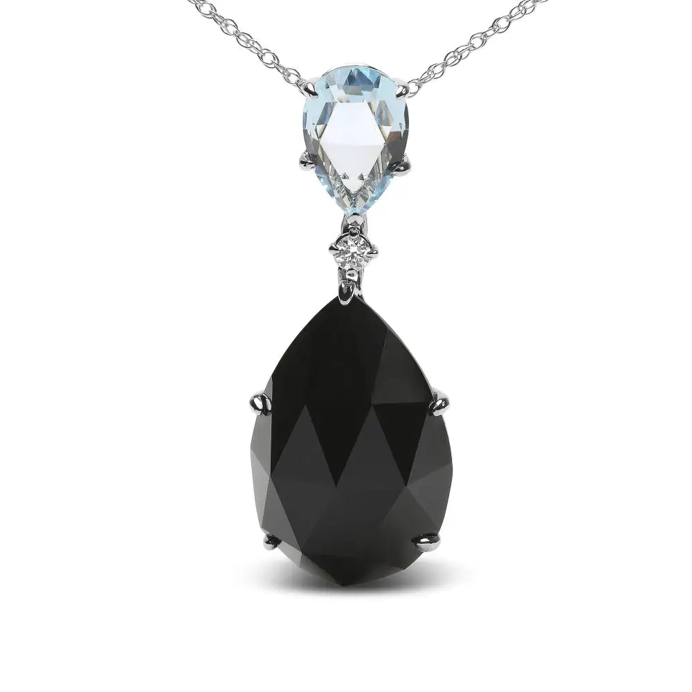 18k White Gold Diamond Accent and Pear Cut Sky Blue Topaz Black Onyx Dangle Drop 18’’ Pendant Necklace (g-h Color