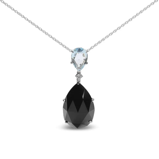 18k White Gold Diamond Accent and Pear Cut Sky Blue Topaz Black Onyx Dangle Drop 18’’ Pendant Necklace (g-h Color