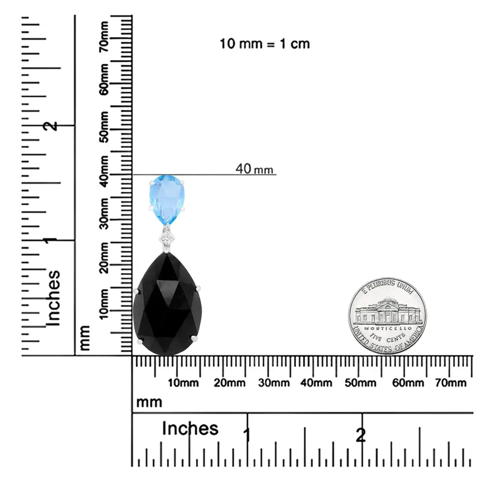 18k White Gold Diamond Accent and Pear Cut Sky Blue Topaz Black Onyx Dangle Drop 18’’ Pendant Necklace (g-h Color