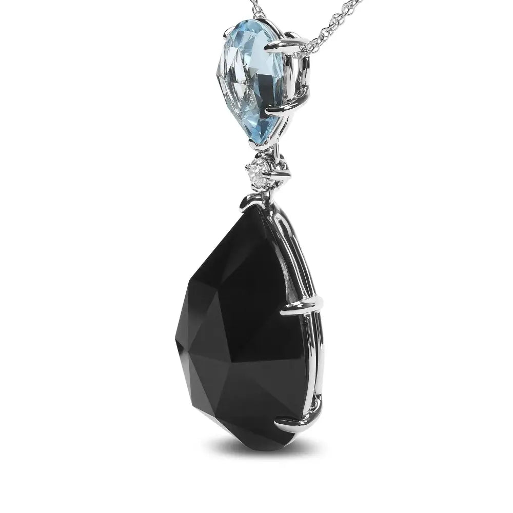 18k White Gold Diamond Accent and Pear Cut Sky Blue Topaz Black Onyx Dangle Drop 18’’ Pendant Necklace (g-h Color