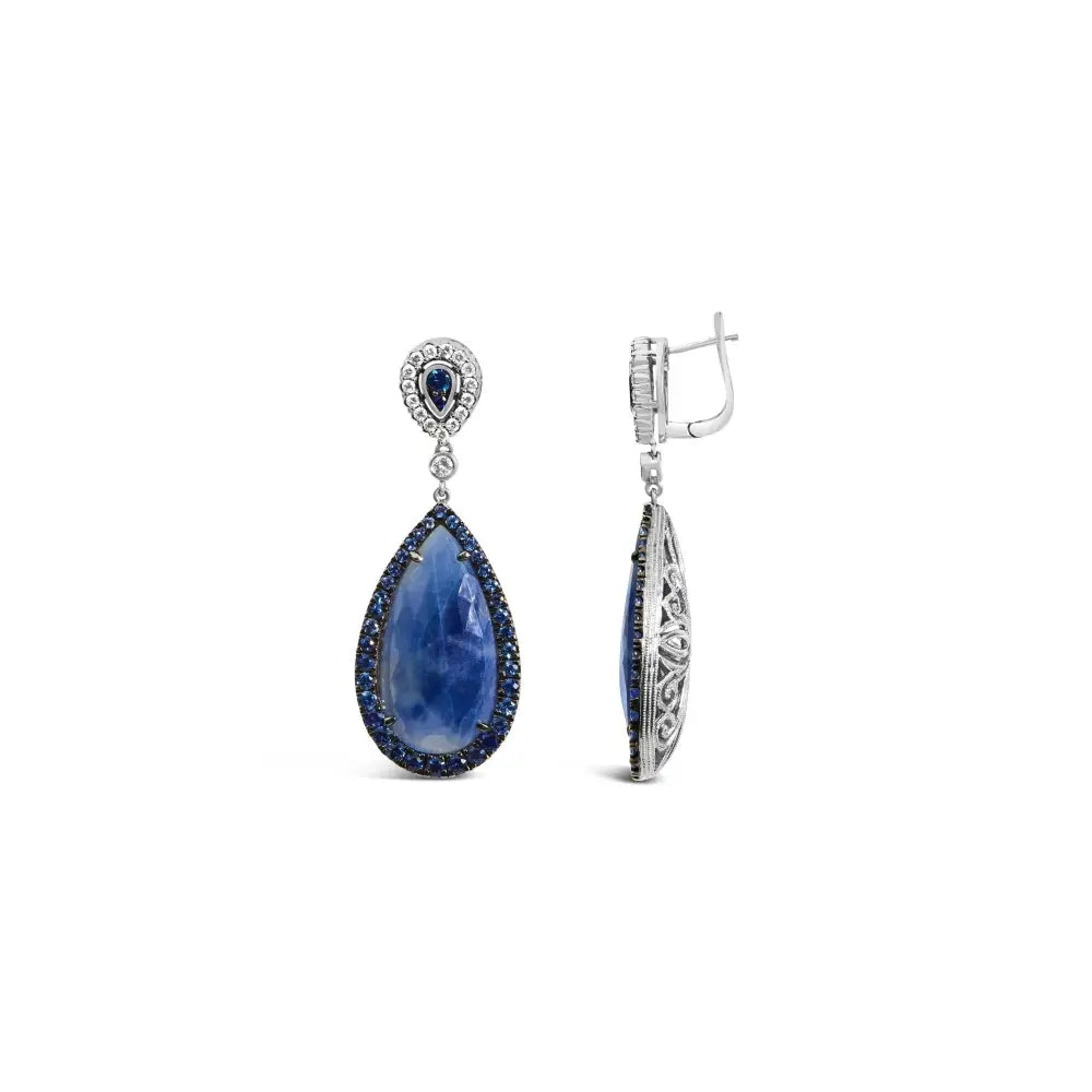 18k White Gold Earring 30x15mm Pear Shaped Blue Sapphire and Diamond Halo Drop Dangle Earrings (f-g Color Vs1-vs2