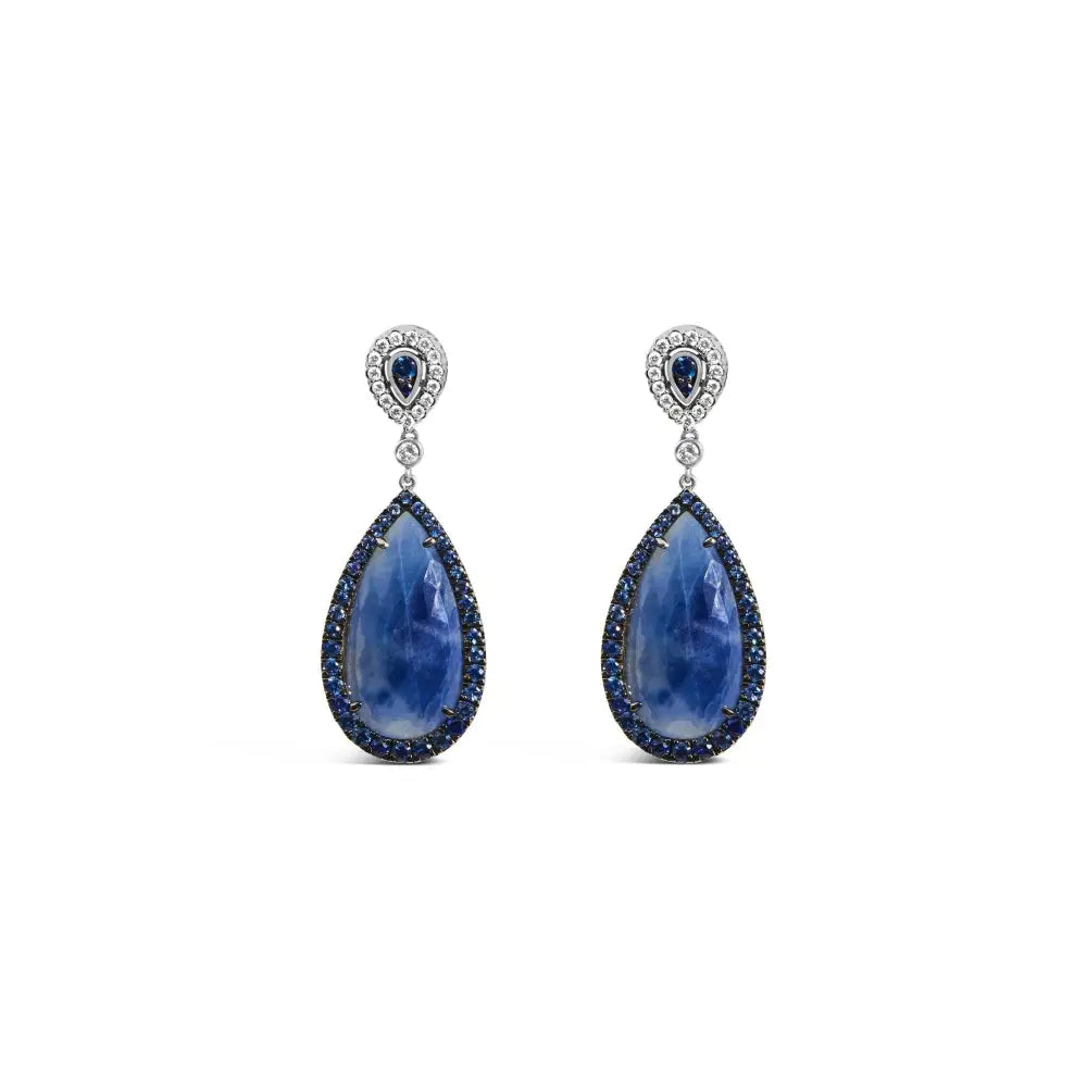 18k White Gold Earring 30x15mm Pear Shaped Blue Sapphire and Diamond Halo Drop Dangle Earrings (f-g Color Vs1-vs2