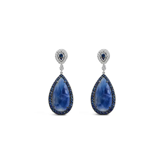 18k White Gold Earring 30x15mm Pear Shaped Blue Sapphire and Diamond Halo Drop Dangle Earrings (f-g Color Vs1-vs2