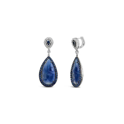 18k White Gold Earring 30x15mm Pear Shaped Blue Sapphire and Diamond Halo Drop Dangle Earrings (f-g Color Vs1-vs2