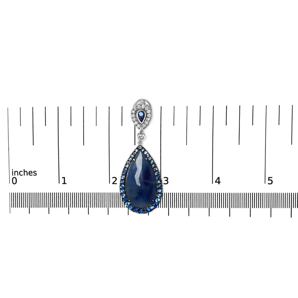 18k White Gold Earring 30x15mm Pear Shaped Blue Sapphire and Diamond Halo Drop Dangle Earrings (f-g Color Vs1-vs2