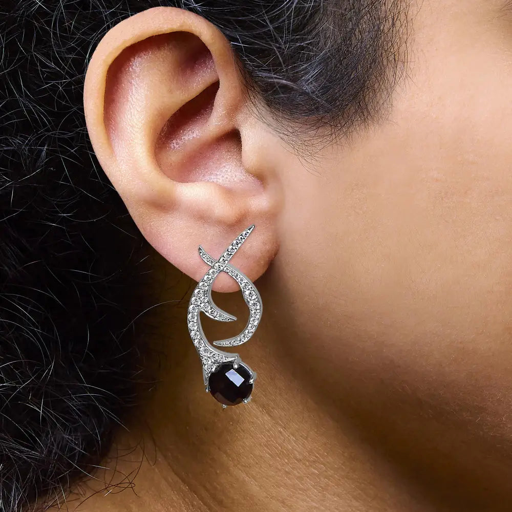 18k White Gold Earrings 1 3/5 Cttw Diamonds and Cabochon Cut Black Shell Swirl Drop (f-g Color Vs1-vs2 Clarity) - Fine