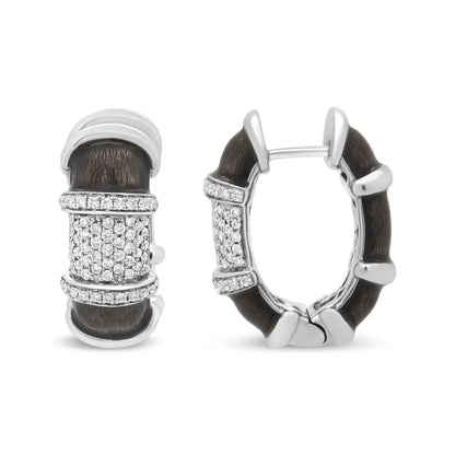 18k White Gold Flash Plated.925 Sterling Silver Clear Graphite Grey Enamel 5/8 Cttw Round Diamonds Huggie Hoop Earrings