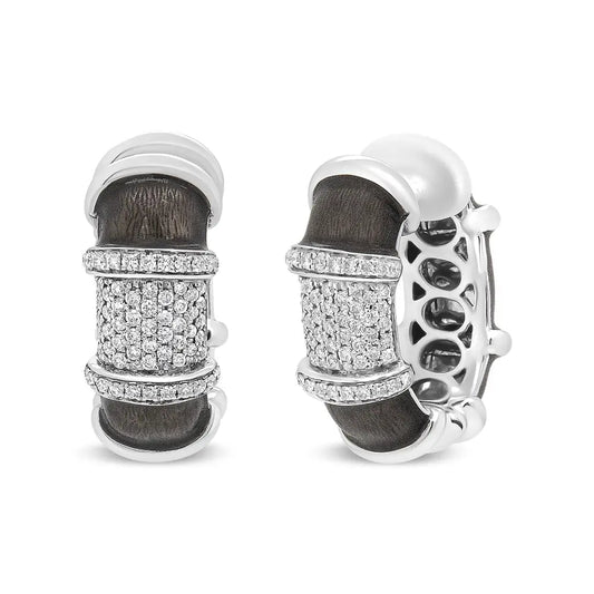 18k White Gold Flash Plated.925 Sterling Silver Clear Graphite Grey Enamel 5/8 Cttw Round Diamonds Huggie Hoop Earrings