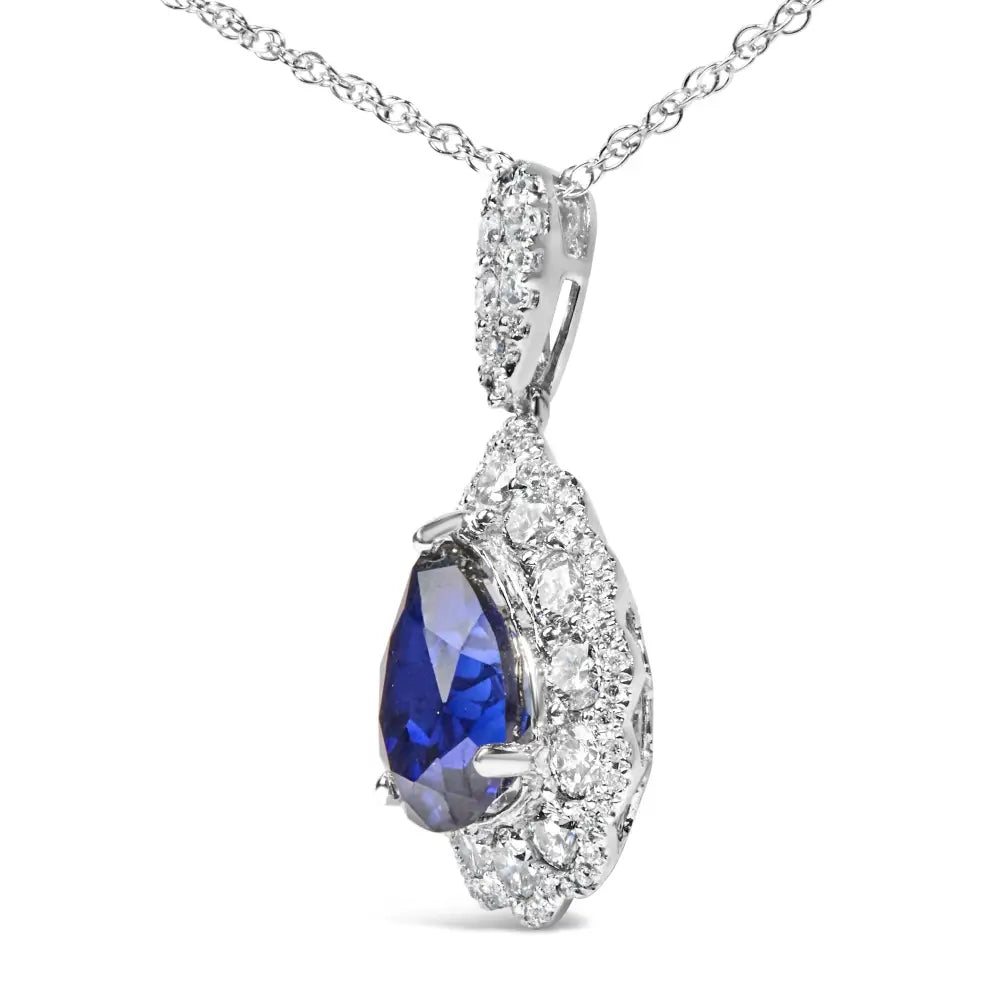 18k White Gold Recrystallized 9x7 Mm Pear Shaped Blue Sapphire and 2 4/5 Cttw Diamond Halo Bail 18’’ Inch Pendant