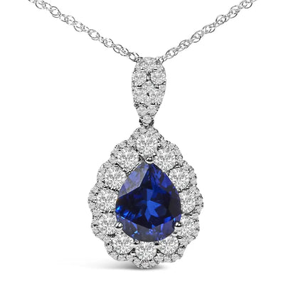 18k White Gold Recrystallized 9x7 Mm Pear Shaped Blue Sapphire and 2 4/5 Cttw Diamond Halo Bail 18’’ Inch Pendant