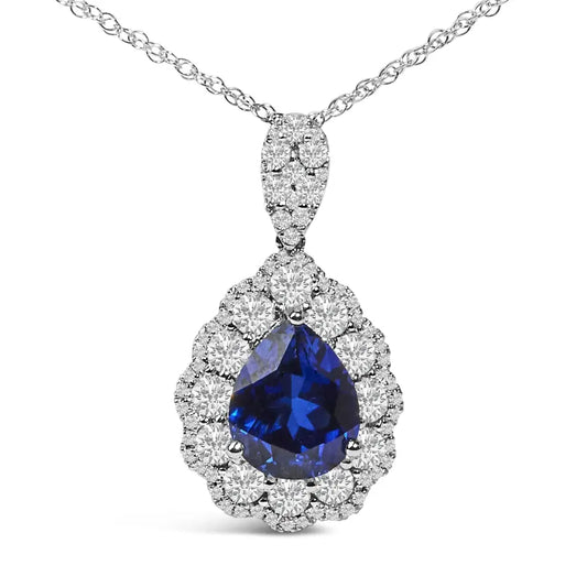 18k White Gold Recrystallized 9x7 Mm Pear Shaped Blue Sapphire and 2 4/5 Cttw Diamond Halo Bail 18’’ Inch Pendant