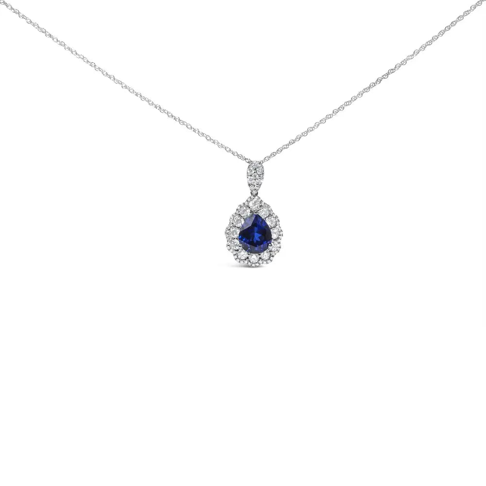 18k White Gold Recrystallized 9x7 Mm Pear Shaped Blue Sapphire and 2 4/5 Cttw Diamond Halo Bail 18’’ Inch Pendant