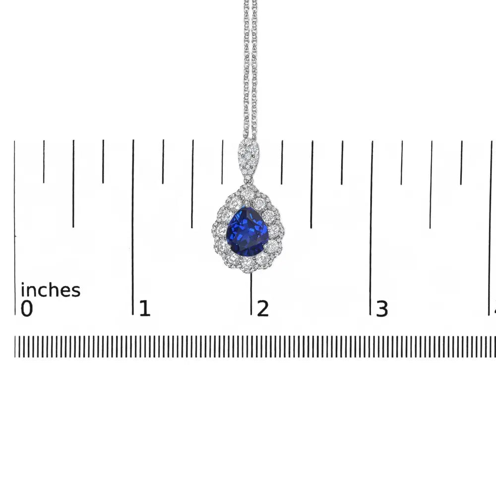 18k White Gold Recrystallized 9x7 Mm Pear Shaped Blue Sapphire and 2 4/5 Cttw Diamond Halo Bail 18’’ Inch Pendant