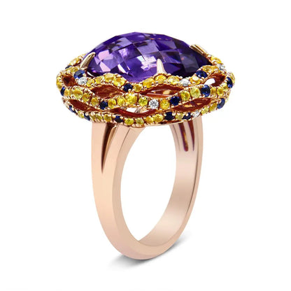 18k Yellow and Rose Gold Claw Prong Set Checkerboard Cut Purple Amethyst Blue & Sapphire Diamond Accent Cocktail Ring