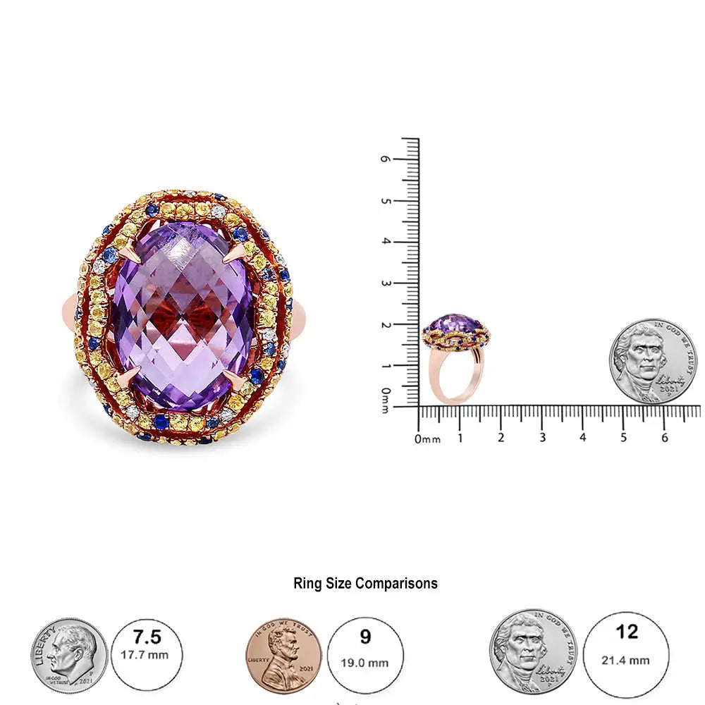 18k Yellow and Rose Gold Claw Prong Set Checkerboard Cut Purple Amethyst Blue & Sapphire Diamond Accent Cocktail Ring