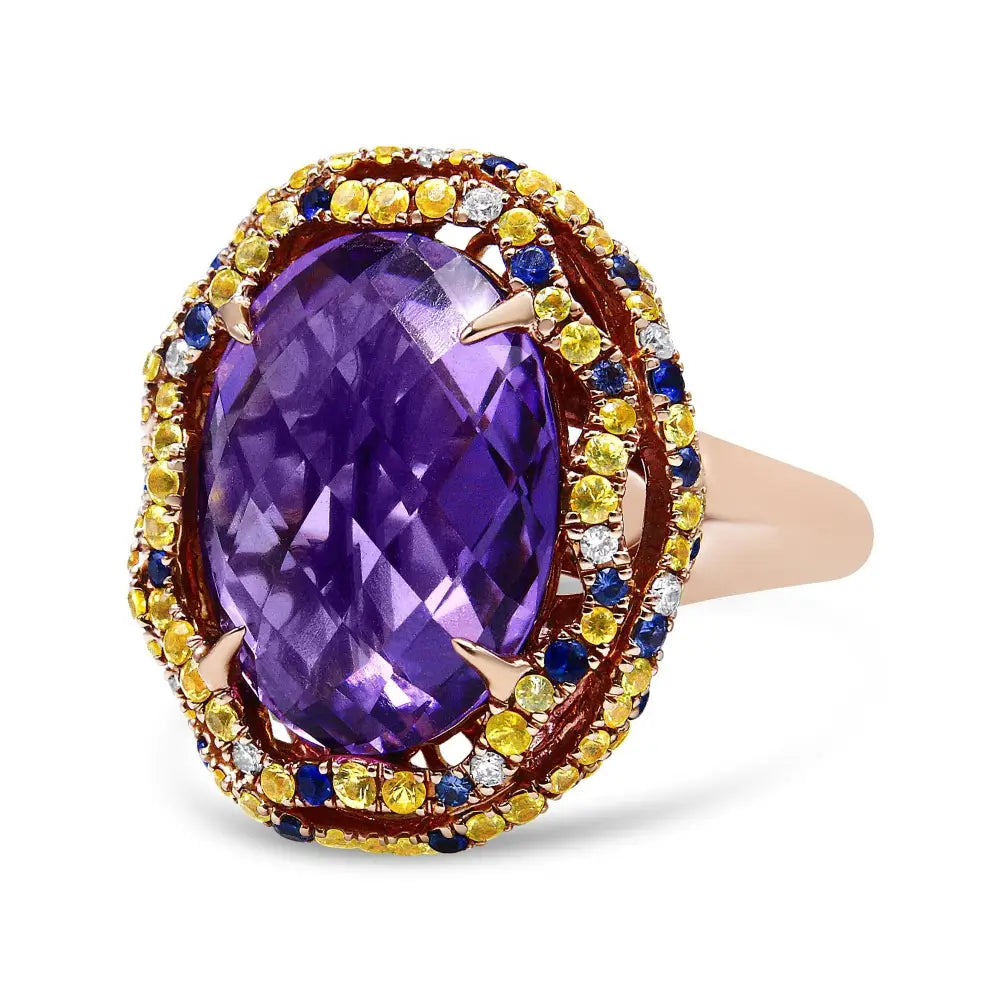 18k Yellow and Rose Gold Claw Prong Set Checkerboard Cut Purple Amethyst Blue & Sapphire Diamond Accent Cocktail Ring