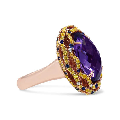 18k Yellow and Rose Gold Claw Prong Set Checkerboard Cut Purple Amethyst Blue & Sapphire Diamond Accent Cocktail Ring