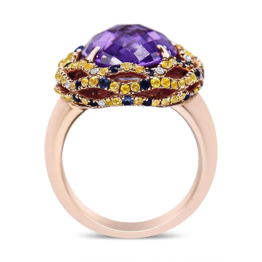 18k Yellow and Rose Gold Claw Prong Set Checkerboard Cut Purple Amethyst Blue & Sapphire Diamond Accent Cocktail Ring