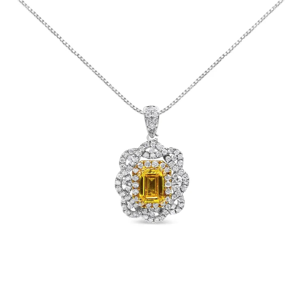 18k Yellow and White Gold 1.75 Cttw Diamond Lab Grown Treated Emerald Center Halo 18’’ Pendant Necklace (yellow/g-h