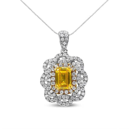 18k Yellow and White Gold 1.75 Cttw Diamond Lab Grown Treated Emerald Center Halo 18’’ Pendant Necklace (yellow/g-h