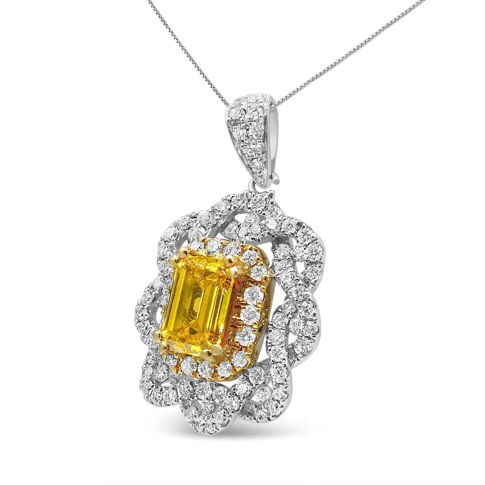 18k Yellow and White Gold 1.75 Cttw Diamond Lab Grown Treated Emerald Center Halo 18’’ Pendant Necklace (yellow/g-h