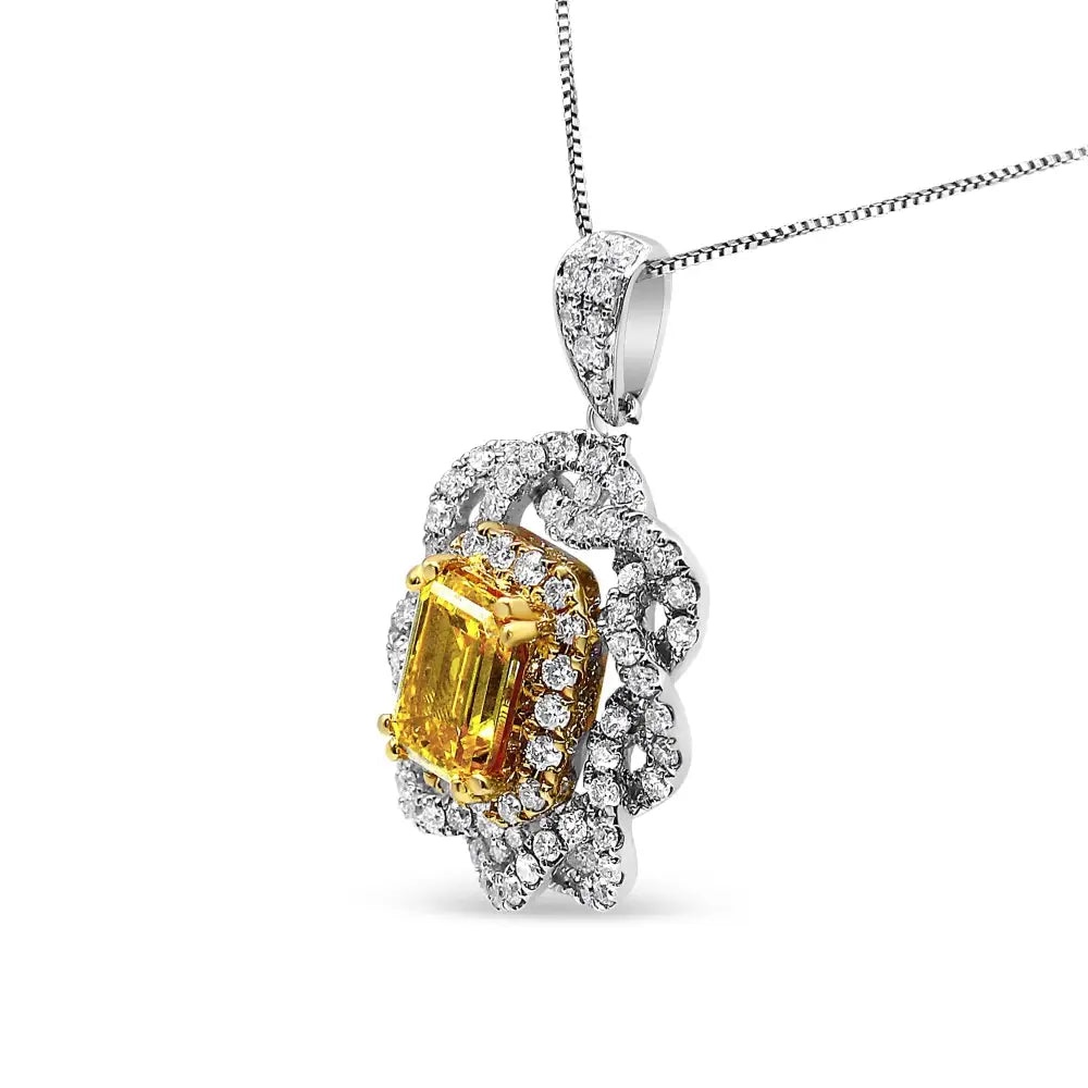 18k Yellow and White Gold 1.75 Cttw Diamond Lab Grown Treated Emerald Center Halo 18’’ Pendant Necklace (yellow/g-h