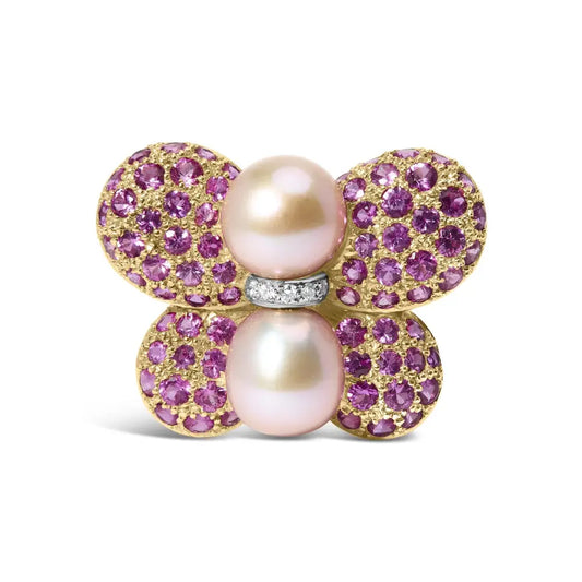 18k Yellow and White Gold 9mm South Sea Pearl Pink Sapphire Butterfly Pin Brooch with Diamond Accent (f-g Color Vs1-vs2