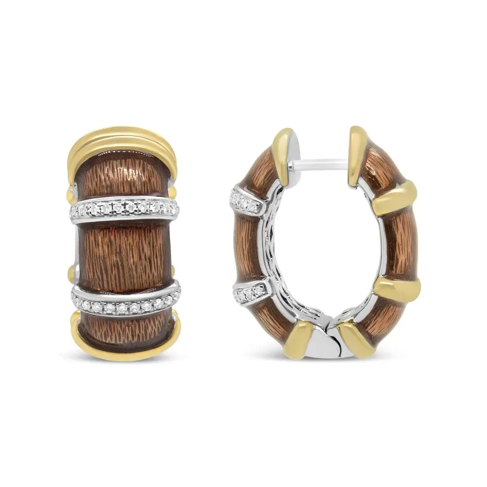 18k Yellow and White Gold Flash Plated.925 Sterling Silver Clear Brown Enamel 9/10 Cttw Round Diamonds Huggie Hoop