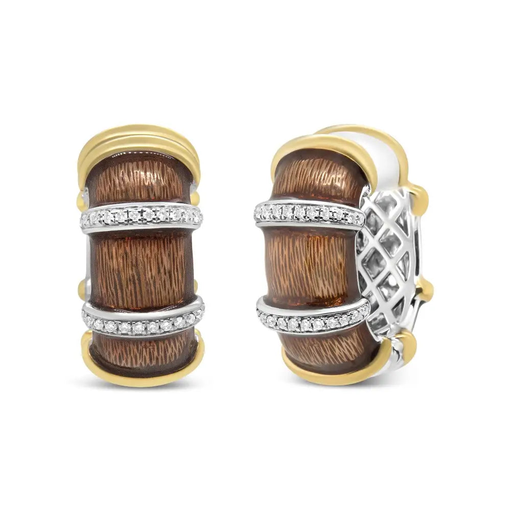 18k Yellow and White Gold Flash Plated.925 Sterling Silver Clear Brown Enamel 9/10 Cttw Round Diamonds Huggie Hoop