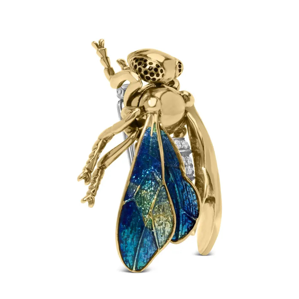 18k Yellow Gold 1/2 Cttw Pave Set Diamond and Blue-green Enamel Bumblebee Brooch Pin (f-g Color Vs1-vs2 Clarity) - Fine