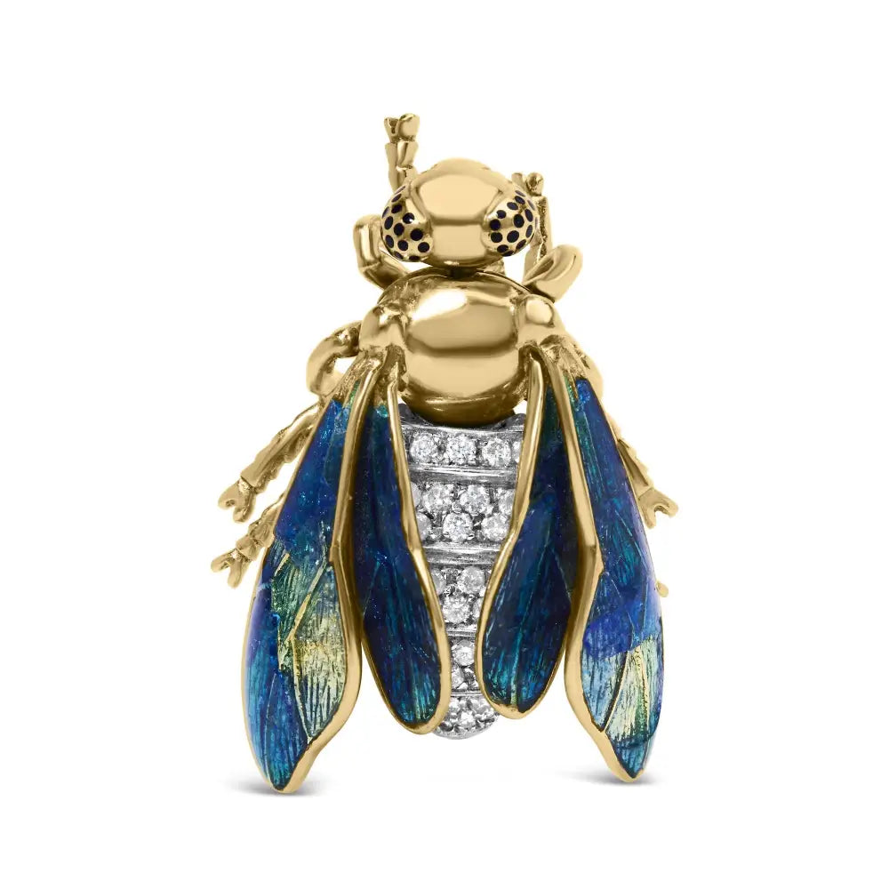 18k Yellow Gold 1/2 Cttw Pave Set Diamond and Blue-green Enamel Bumblebee Brooch Pin (f-g Color Vs1-vs2 Clarity) - Fine