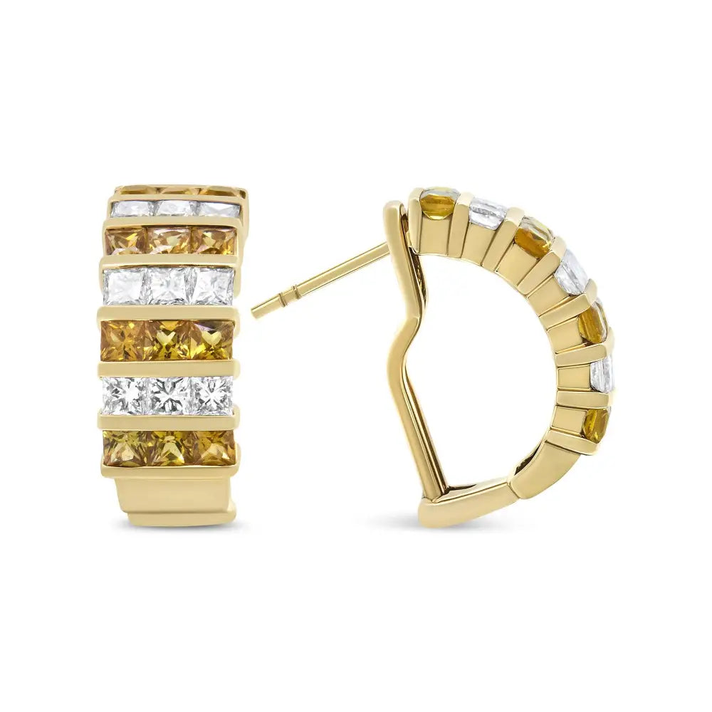 18k Yellow Gold 1 3/4 Cttw Invisible Set Princess Cut Diamond and 2.5mm Sapphire Huggie Hoop Earrings (f-g Color