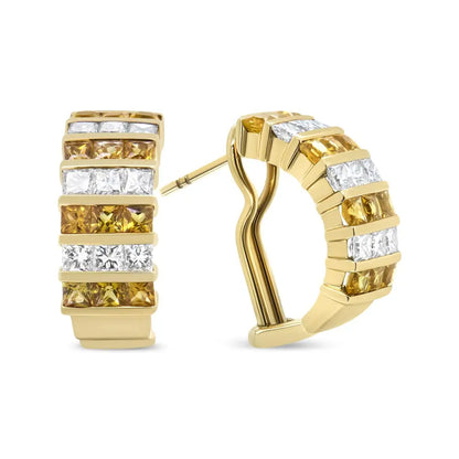 18k Yellow Gold 1 3/4 Cttw Invisible Set Princess Cut Diamond and 2.5mm Sapphire Huggie Hoop Earrings (f-g Color