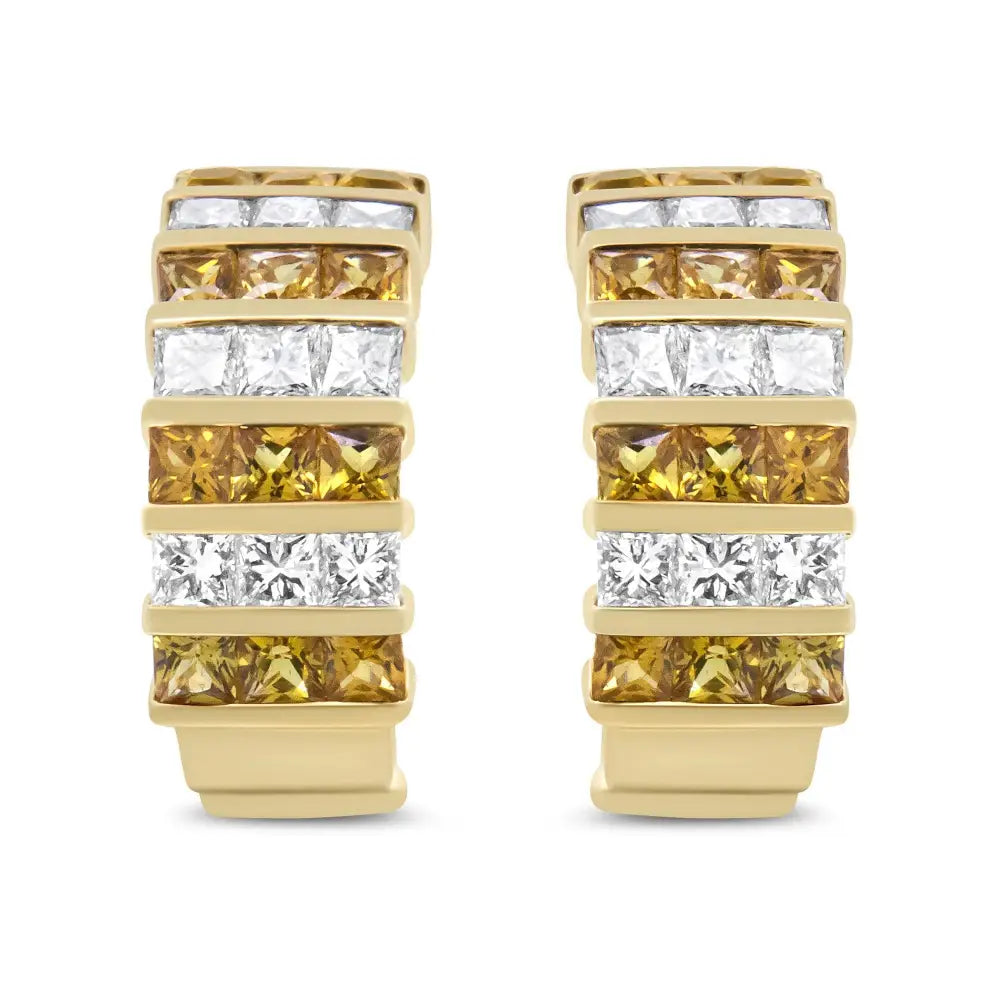 18k Yellow Gold 1 3/4 Cttw Invisible Set Princess Cut Diamond and 2.5mm Sapphire Huggie Hoop Earrings (f-g Color