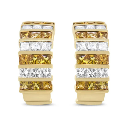 18k Yellow Gold 1 3/4 Cttw Invisible Set Princess Cut Diamond and 2.5mm Sapphire Huggie Hoop Earrings (f-g Color