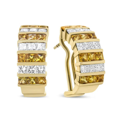 18k Yellow Gold 1 3/4 Cttw Invisible Set Princess Cut Diamond and 2.5mm Sapphire Huggie Hoop Earrings (f-g Color