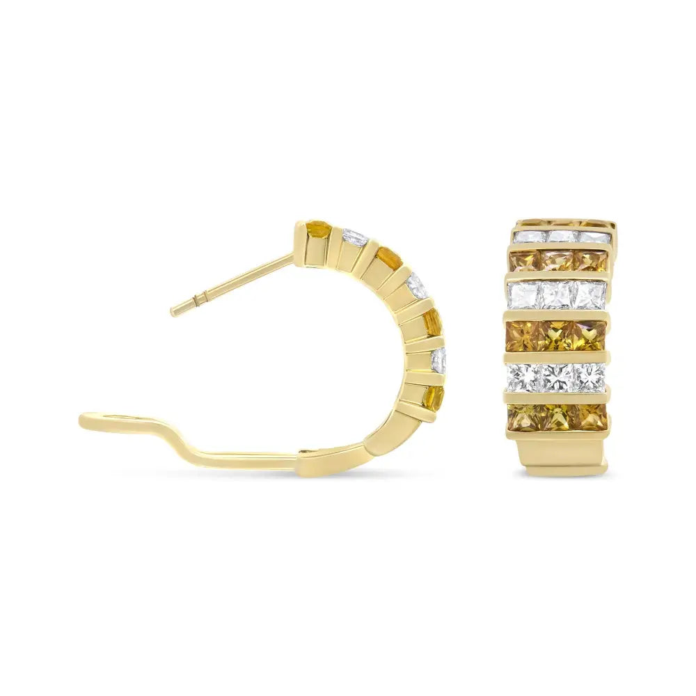 18k Yellow Gold 1 3/4 Cttw Invisible Set Princess Cut Diamond and 2.5mm Sapphire Huggie Hoop Earrings (f-g Color