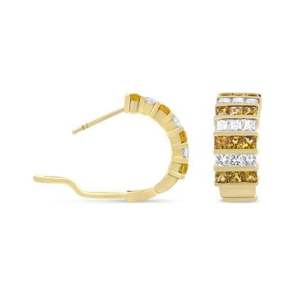 18k Yellow Gold 1 3/4 Cttw Invisible Set Princess Cut Diamond and 2.5mm Sapphire Huggie Hoop Earrings (f-g Color