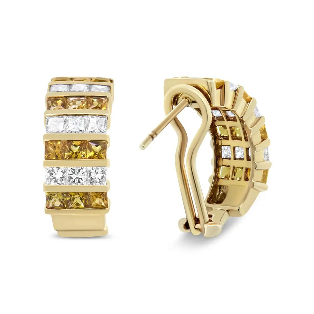 18k Yellow Gold 1 3/4 Cttw Invisible Set Princess Cut Diamond and 2.5mm Sapphire Huggie Hoop Earrings (f-g Color