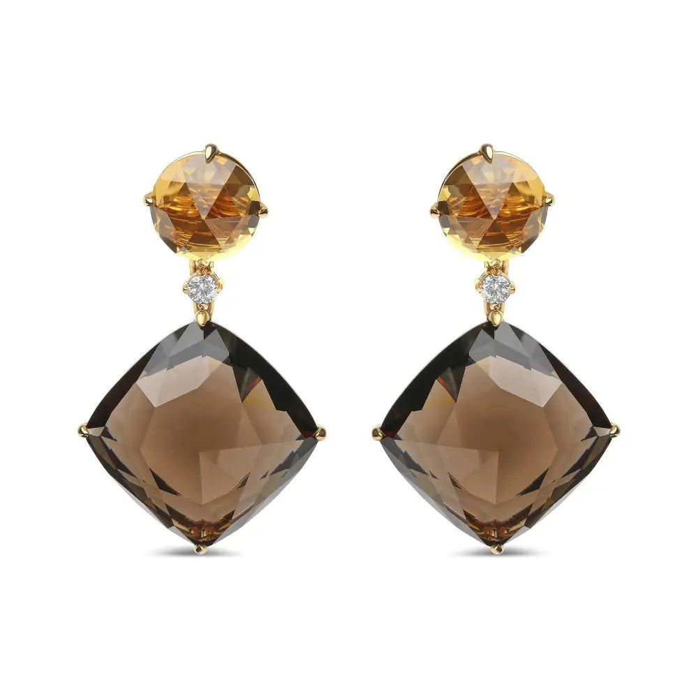 18k Yellow Gold 1/5 Cttw Diamond with Round Citrine and 25mm Cushion Cut Smoky Quartz Gemstone Dangle Earring (g-h