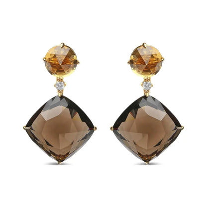 18k Yellow Gold 1/5 Cttw Diamond with Round Citrine and 25mm Cushion Cut Smoky Quartz Gemstone Dangle Earring (g-h