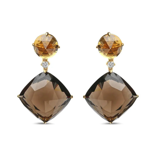 18k Yellow Gold 1/5 Cttw Diamond with Round Citrine and 25mm Cushion Cut Smoky Quartz Gemstone Dangle Earring (g-h